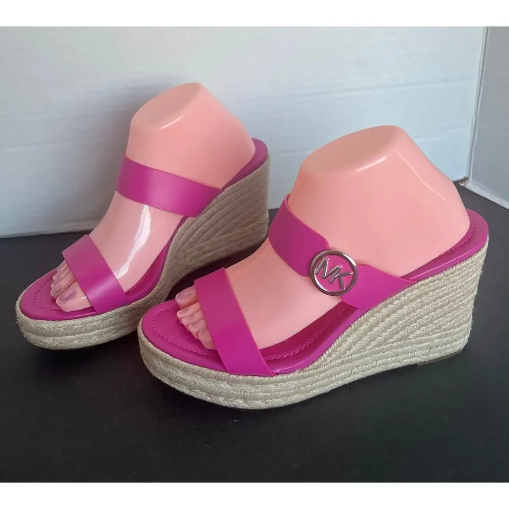 Michael Kors Leather Hot Pink Lucinda Slip On Espadrille Jute Wedge Sandals 10 - Picture 2 of 10